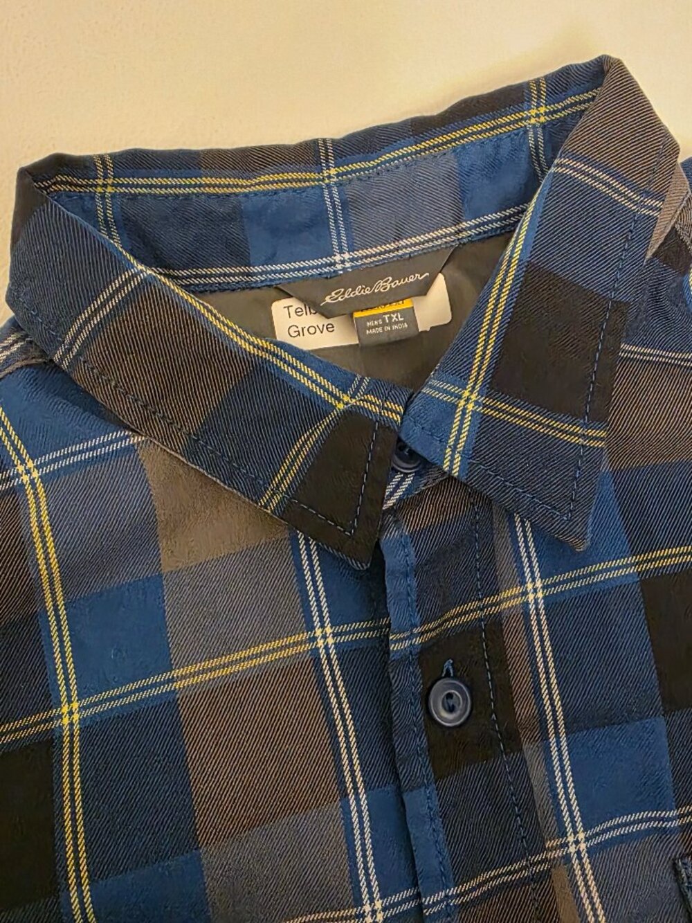 Eddie Bauer Travex Flannel Shirt Men's XL Tall Blue Gray Plaid Button Up Front
